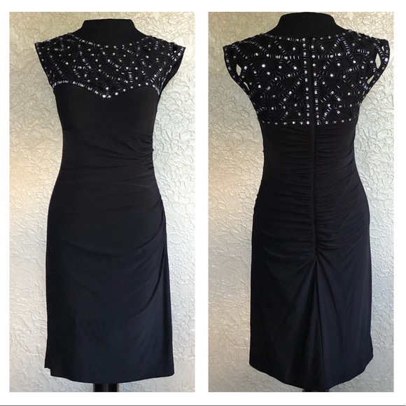 Cache Women’s Midi Black Ruched Bottom Bodycon Evening Cocktail Dress - Picture 1 of 16